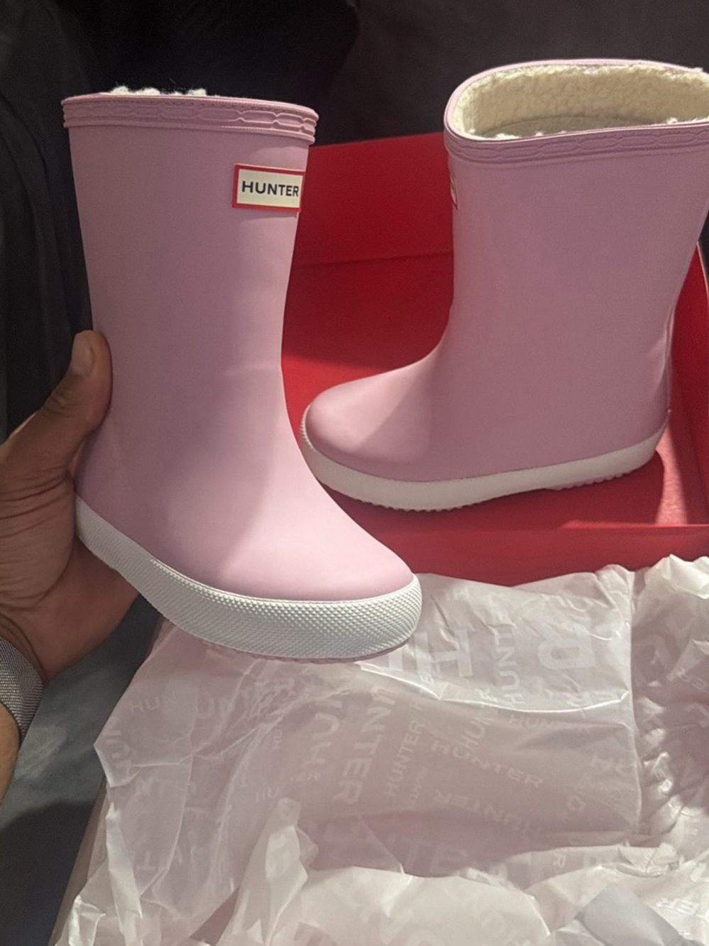 Hunter Kids Light Pink Waterproof Rain Boots with White Soles